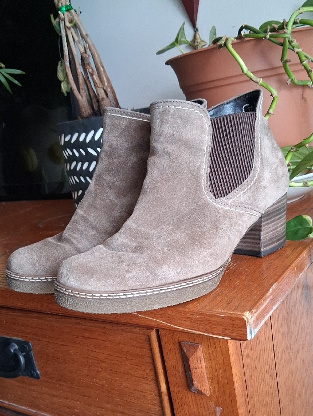 Gabor Lilia Chelsea Taupe Suede Ankle Booties with Low Stacked Heel